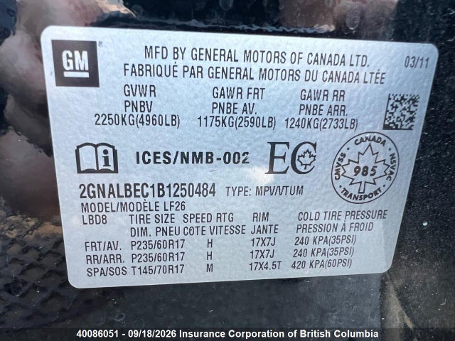 40086051 :رقم المزاد ، 2GNALBEC1B1250484 vin ، 2011 Chevrolet Equinox Ls مزاد بيع