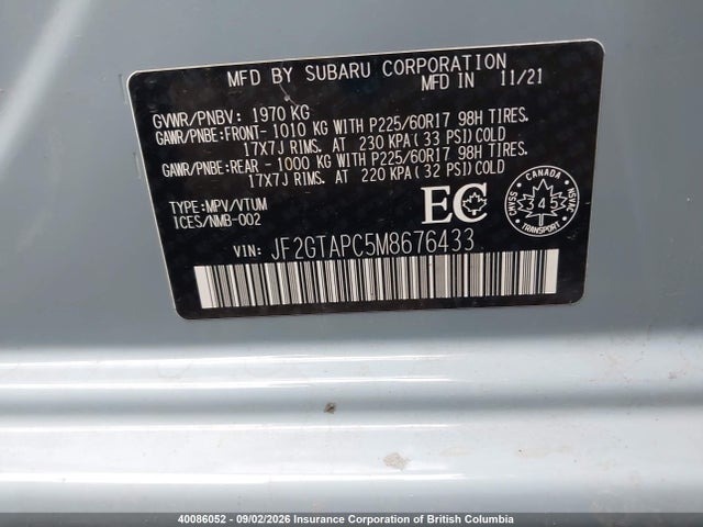 Aukcja sprzedaży 2021 Subaru Crosstrek Premium, vin: JF2GTAPC5M8676433, numer aukcji: 40086052