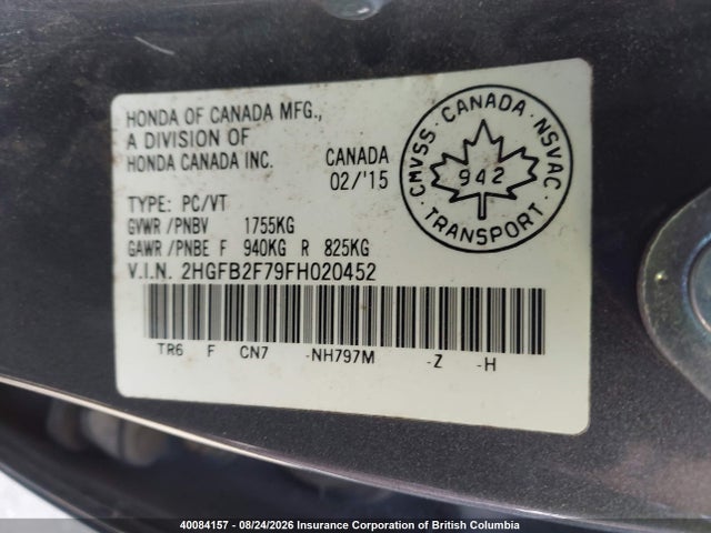 40084157 :رقم المزاد ، 2HGFB2F79FH020452 vin ، 2015 Honda Civic Se مزاد بيع
