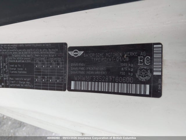40086060 :رقم المزاد ، WMWMF33528TT60600 vin ، 2008 Mini Cooper مزاد بيع