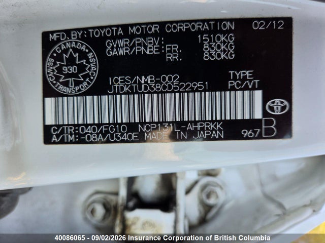 40086065 :رقم المزاد ، JTDKTUD38CD522951 vin ، 2012 Toyota Yaris مزاد بيع