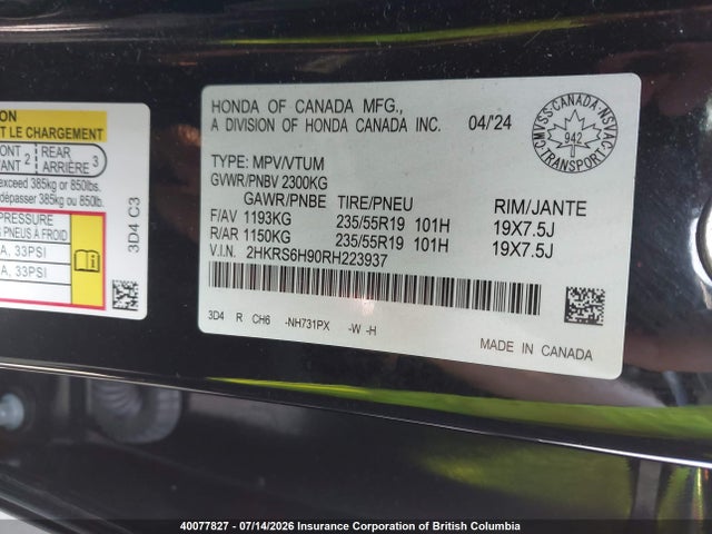 2024 Honda Cr-v Touring Hybrid მანქანა იყიდება აუქციონზე, vin: 2HKRS6H90RH223937, აუქციონის ნომერი: 40077827