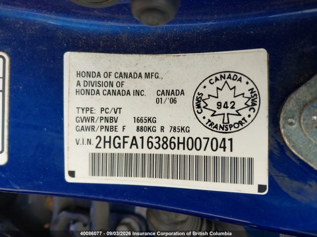 40086077 :رقم المزاد ، 2HGFA16386H007041 vin ، 2006 Honda Civic مزاد بيع