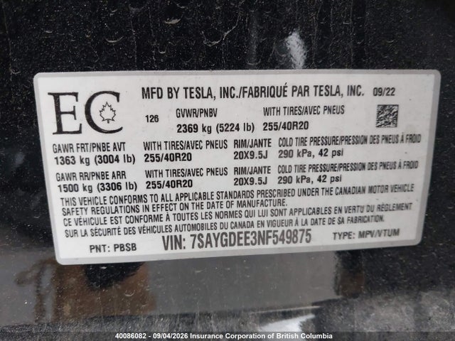 Продажа на аукционе авто 2022 Tesla Model Y Long Range, vin: 7SAYGDEE3NF549875, номер лота: 40086082