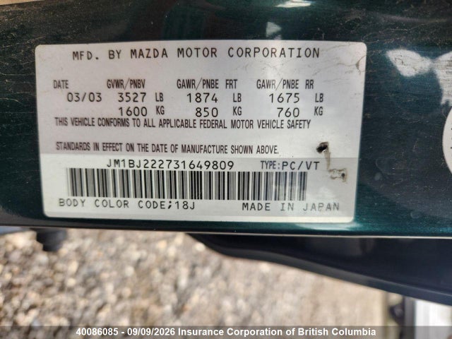 Продаж на аукціоні авто 2003 Mazda Protege Dx/lx/es, vin: JM1BJ222731649809, номер лоту: 40086085