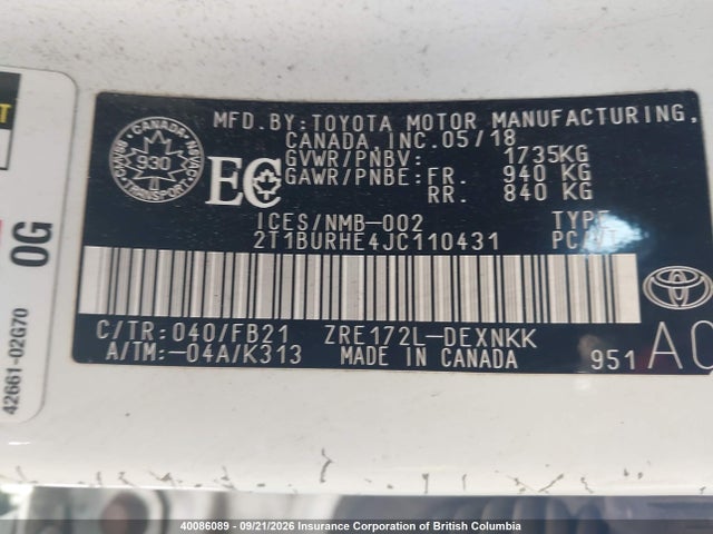 2T1BURHE4JC110431 Toyota Corolla L/le/xle/se/xse
