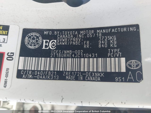 2T1BURHE4JC110431 Toyota Corolla L/le/xle/se/xse