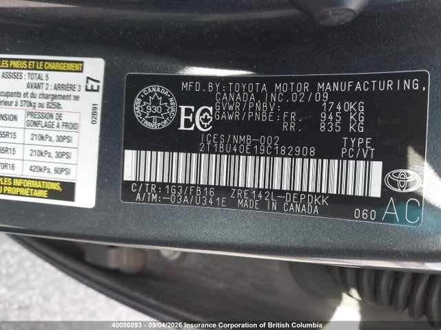 Auction sale of the 2009 Toyota Corolla S/le/xle, vin: 2T1BU40E19C182908, lot number: 40086093