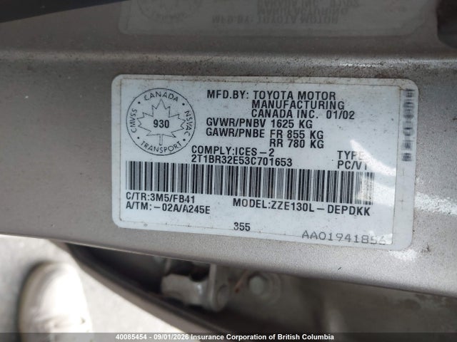 40085454 :رقم المزاد ، 2T1BR32E53C701653 vin ، 2003 Toyota Corolla Ce/le/s مزاد بيع