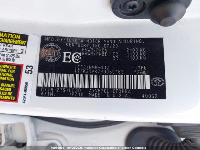 40086099 :رقم المزاد ، 4T1K31AK7PU059163 vin ، 2023 Toyota Camry مزاد بيع