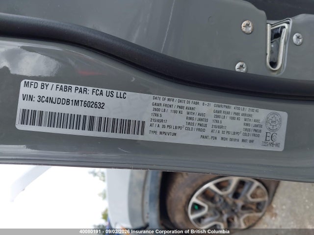 Продаж на аукціоні авто 2021 Jeep Compass Trailhawk, vin: 3C4NJDDB1MT602632, номер лоту: 40080191