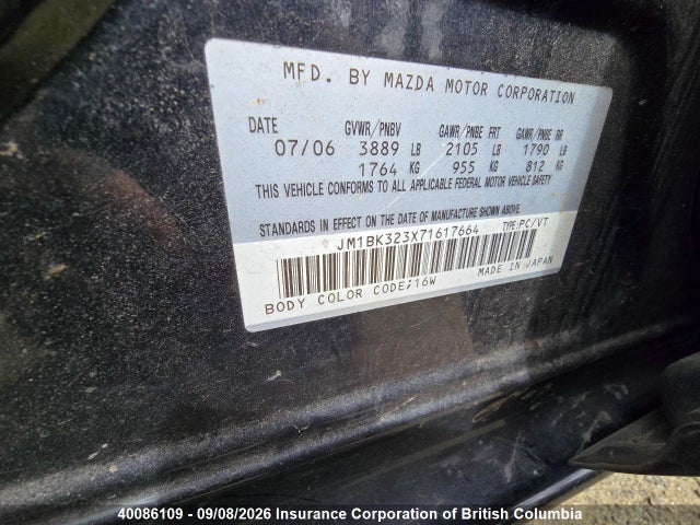 40086109 :رقم المزاد ، JM1BK323X71617664 vin ، 2007 Mazda 3 Mazda Gt مزاد بيع
