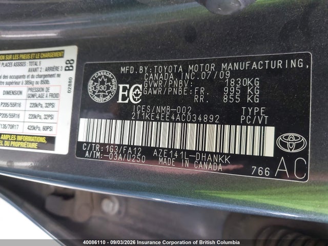 40086110 :رقم المزاد ، 2T1KE4EE4AC034892 vin ، 2010 Toyota Corolla Matrix S مزاد بيع