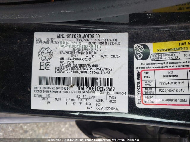 Продаж на аукціоні авто 2012 Ford Fusion Sel, vin: 3FAHP0CG1CR323569, номер лоту: 40086113