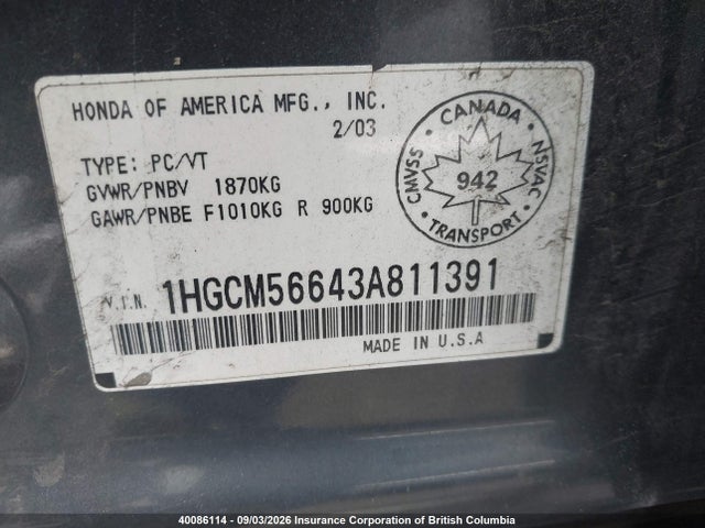 40086114 :رقم المزاد ، 1HGCM56643A811391 vin ، 2003 Honda Accord Ex مزاد بيع