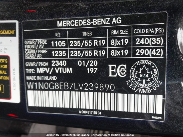 Aukcja sprzedaży 2020 Mercedes-benz Glc 300 4matic, vin: W1N0G8EB7LV239890, numer aukcji: 40086116
