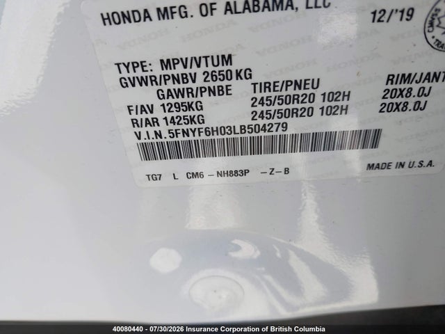 Honda Pilot Elite 2020 5FNYF6H03LB504279 Image 9
