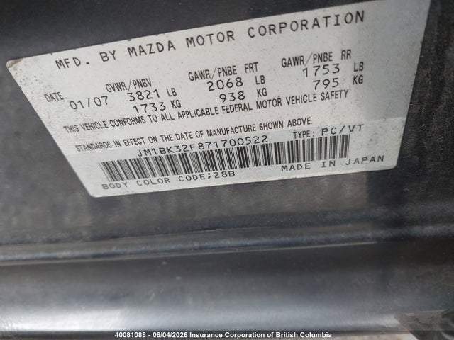 Продажа на аукционе авто 2007 Mazda 3 I, vin: JM1BK32F871700522, номер лота: 40081088