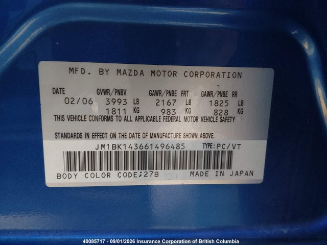 40085717 :رقم المزاد ، JM1BK143661496485 vin ، 2006 Mazda 3 Hatchback مزاد بيع