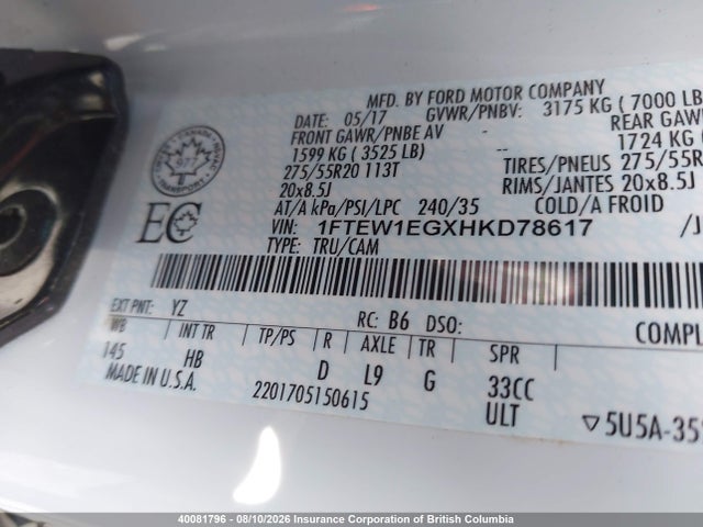 Ford F150 Supercrew 2017 1FTEW1EGXHKD78617 Image 9