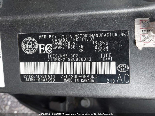 40086150 :رقم المزاد ، 2T1BR32E88C930013 vin ، 2008 Toyota Corolla Ce/le/s مزاد بيع