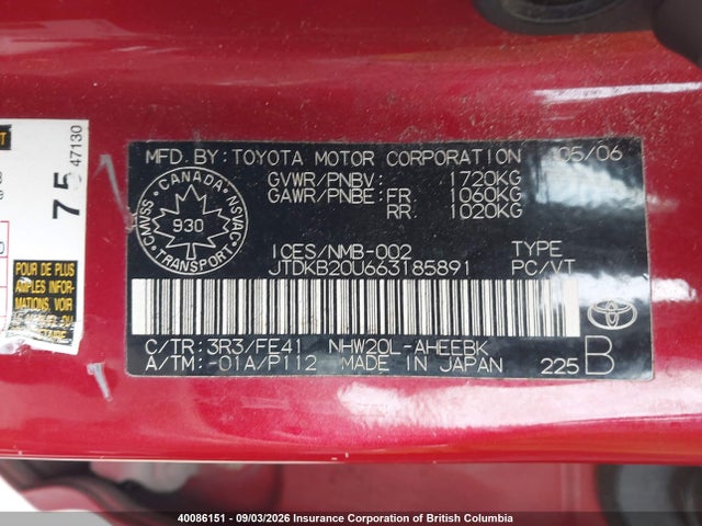 40086151 :رقم المزاد ، JTDKB20U663185891 vin ، 2006 Toyota Prius مزاد بيع