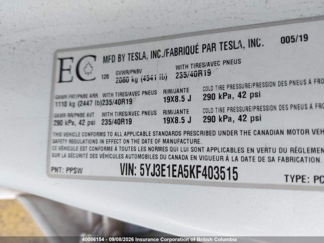 Продажа на аукционе авто 2019 Tesla Model 3, vin: 5YJ3E1EA5KF403515, номер лота: 40086154