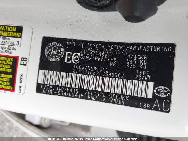40081083 :رقم المزاد ، 2T1BU4EE9BC590362 vin ، 2011 Toyota Corolla S/le مزاد بيع