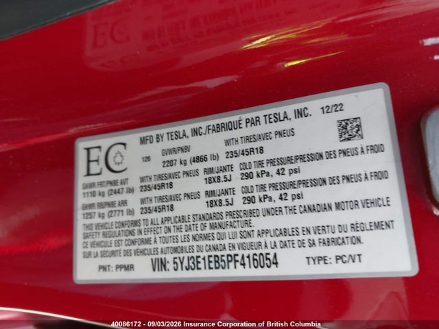 Aukcja sprzedaży 2023 Tesla Model 3, vin: 5YJ3E1EB5PF416054, numer aukcji: 40086172