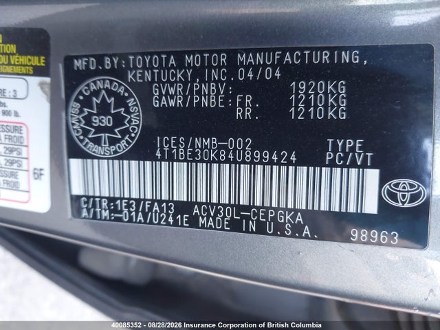 40085352 :رقم المزاد ، 4T1BE30K84U899424 vin ، 2004 Toyota Camry Le/xle/se مزاد بيع