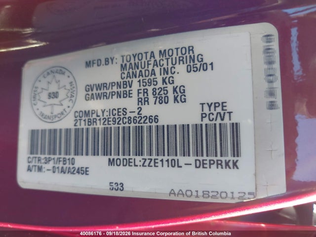 Продаж на аукціоні авто 2002 Toyota Corolla Ce/le/s, vin: 2T1BR12E92C862266, номер лоту: 40086176