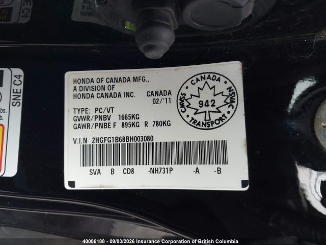 40086188 :رقم المزاد ، 2HGFG1B68BH003080 vin ، 2011 Honda Civic مزاد بيع