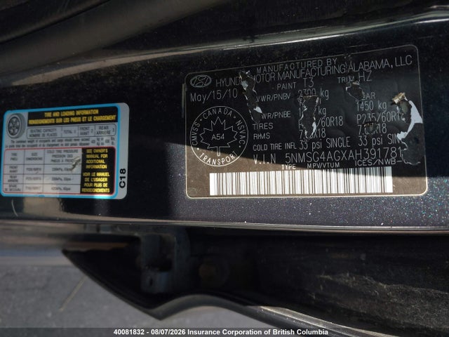 Aukcja sprzedaży 2010 Hyundai Santa Fe Gls, vin: 5NMSG4AGXAH391781, numer aukcji: 40081832