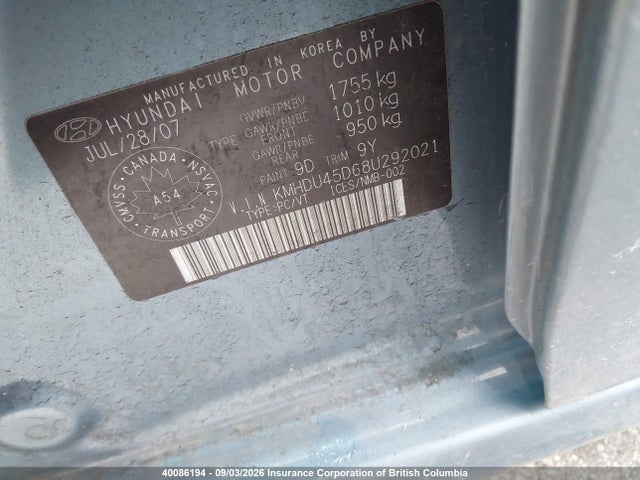 40086194 :رقم المزاد ، KMHDU45D68U292021 vin ، 2008 Hyundai Elantra Gl/gls مزاد بيع