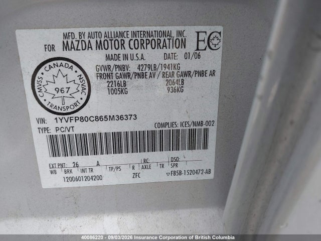 Aukcja sprzedaży 2006 Mazda 6 I, vin: 1YVFP80C865M36373, numer aukcji: 40086220