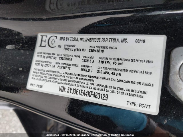 Tesla MODEL 3 2019 5YJ3E1EA4KF483129 Image 9
