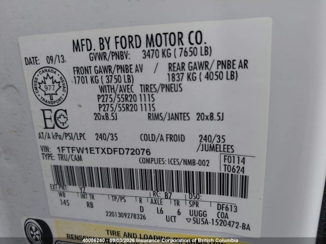 Продажа на аукционе авто 2013 Ford F150, vin: 1FTFW1ETXDFD72076, номер лота: 40086240