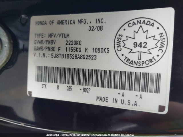 Aukcja sprzedaży 2008 Acura Rdx, vin: 5J8TB18528A802523, numer aukcji: 40086243