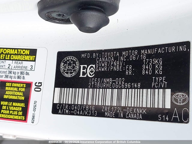 40085438 :رقم المزاد ، 2T1BURHE0GC696148 vin ، 2016 Toyota Corolla L/le/le Pls/prm/s/s Pls مزاد بيع