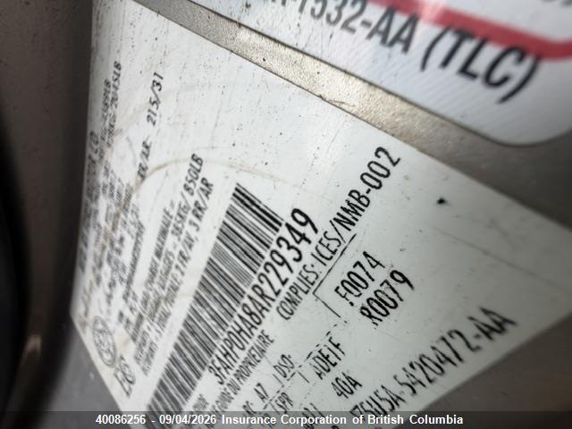 40086256 :رقم المزاد ، 3FAHP0HA8AR229349 vin ، 2010 Ford Fusion Se مزاد بيع