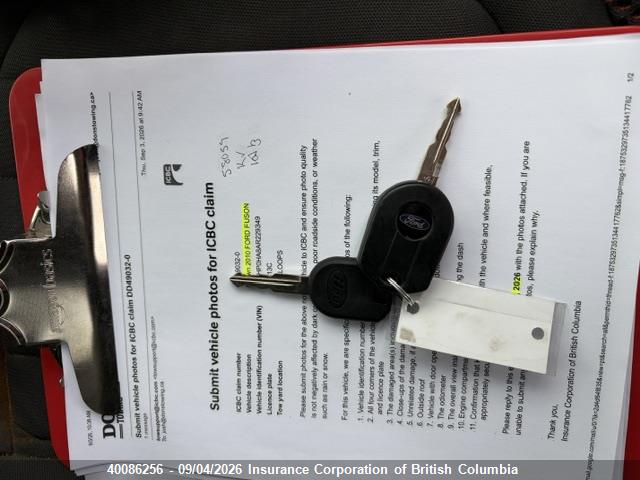 40086256 :رقم المزاد ، 3FAHP0HA8AR229349 vin ، 2010 Ford Fusion Se مزاد بيع