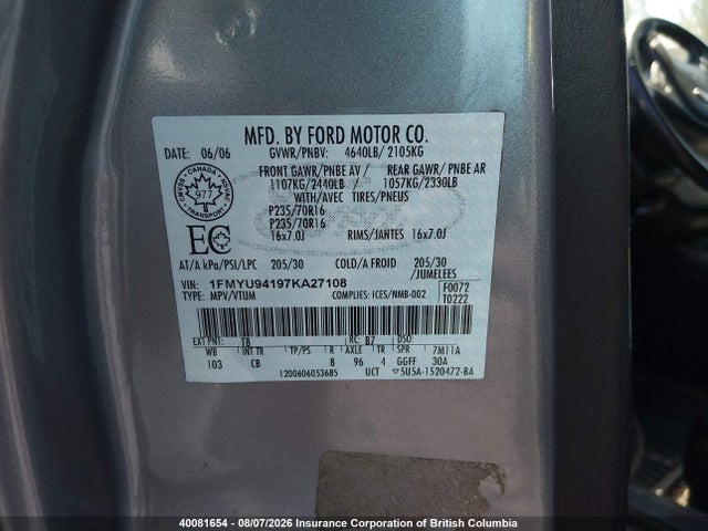 40081654 :رقم المزاد ، 1FMYU94197KA27108 vin ، 2007 Ford Escape Limited مزاد بيع