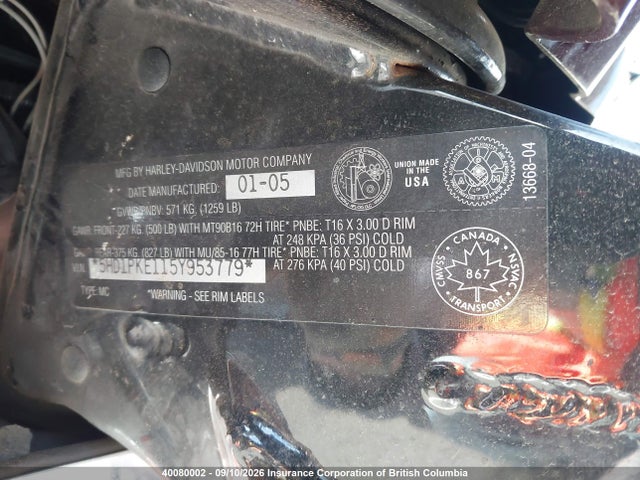 40080002 :رقم المزاد ، 5HD1PKE115Y953779 vin ، 2005 Harley-davidson Flhtcse2 مزاد بيع