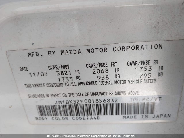 40077498 :رقم المزاد ، JM1BK32F081856832 vin ، 2008 Mazda 3 I مزاد بيع
