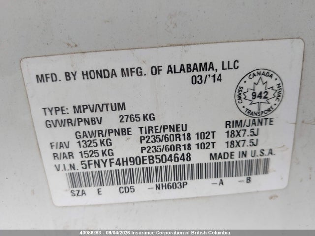 5FNYF4H90EB504648 Honda Pilot