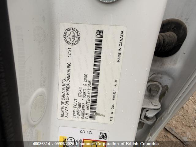 Aukcja sprzedaży 2022 Honda Civic, vin: 2HGFE2F33NH116158, numer aukcji: 40086314