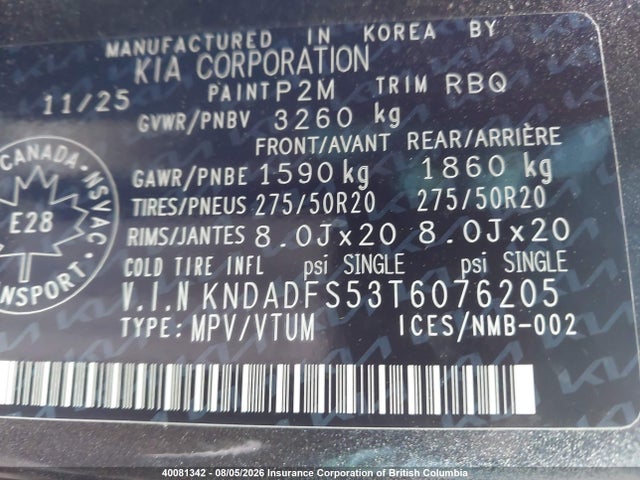 Продаж на аукціоні авто 2026 Kia Ev9 Land, vin: KNDADFS53T6076205, номер лоту: 40081342