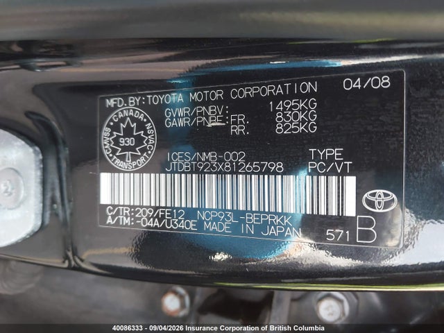 40086333 :رقم المزاد ، JTDBT923X81265798 vin ، 2008 Toyota Yaris مزاد بيع