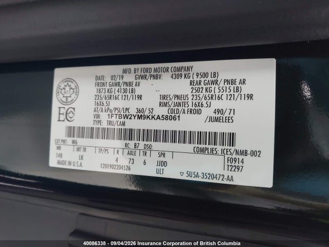 Продаж на аукціоні авто 2019 Ford Transit T-350, vin: 1FTBW2YM9KKA58061, номер лоту: 40086338