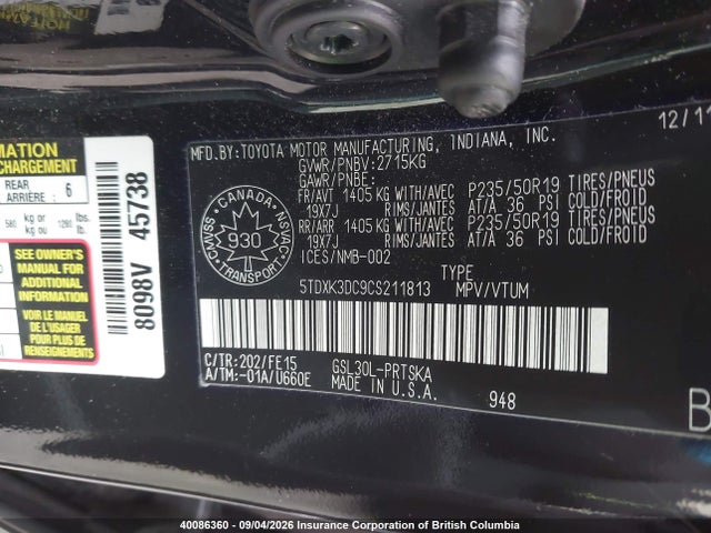 40086360 :رقم المزاد ، 5TDXK3DC9CS211813 vin ، 2012 Toyota Sienna Se 8 Passenger مزاد بيع